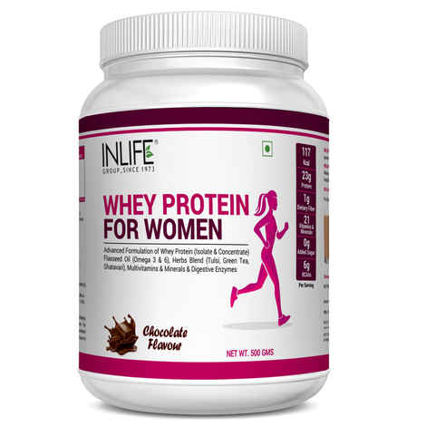 Buy INLIFE Whey Protein Powder for Women with Ayurvedic Herbs, 23g Protein, 21 Vitamins Minerals, Omega 3 6 from Flaxseeds, Digestive Enzymes, with Hair Skin Nails, Weight Management & Better Metabolism Support (500g, Chocolate) - Purplle