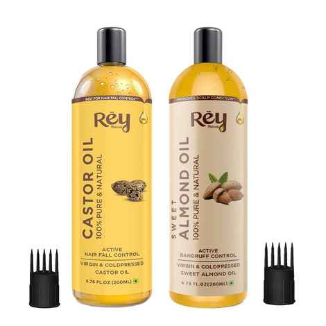 Buy Rey Naturals Cold Pressed Castor Oil & Sweet Almond Oil - For Hair & Skin (200 ml + 200 ml) - Purplle