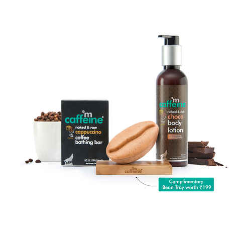 Buy mCaffeine Daily Cappuccino Bath Kit | Free Handcrafted Bean Tray | Polishes, Moisturizes | Coffee Bathing Bar Soap, Choco Body Lotion | Mineral Oil Free 300 gm - Purplle