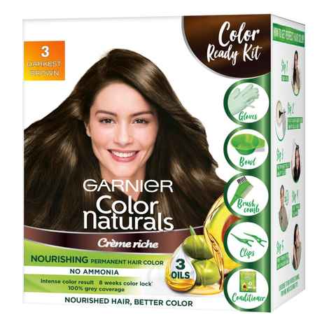 Buy Garnier Color Naturals Creme Hair Color, Shade 3 Darkest Brown, 70ml + 60g + Coloring Tools - Purplle