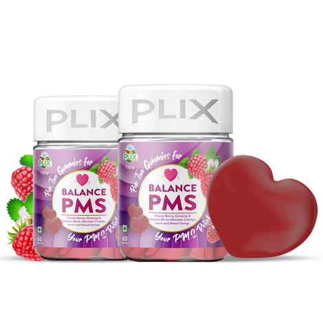 Buy PLIX Balance PMS Gummy Vitamins To Ease Cramps | 60 Raspberry Flavored Gummies | Pack Of 2 | Helps To Reduce Acne | Controls Mood Swings | Contains Chaste Berry And Ginseng - Purplle