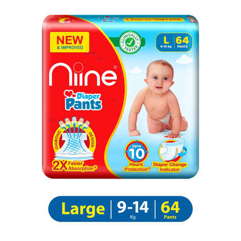 Buy NIINE Cottony Soft Baby Diaper Pants with Diaper Change Indicator for Overnight Protection, Mega Pack Large Size (9-14 KG), 64 Count - Purplle