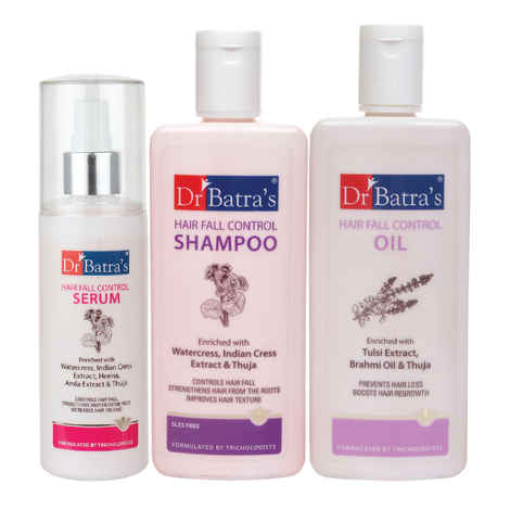 Buy Dr Batra's Hair Fall Control Serum-125 ml, Hairfall Control Shampoo- 200 ml   and Hair Fall Control Oil- 200 ml          - Purplle