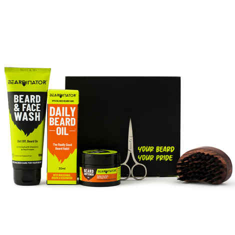 Buy Beardinator 5 in 1 Daily Beard Care & Grooming Kit for Men | Combo of Daily Beard Nourishing Oil, Beard and Face Wash, Beard Softener, Pocket Beard Brush and Scissor - Purplle