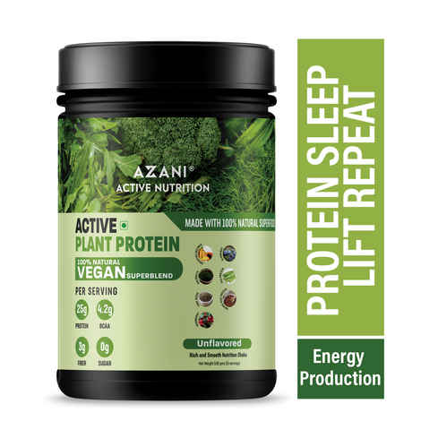 Buy Azani Active Nutrition Vegan Plant Protein Power, Unflavored Flavour, 25g Protein + 4.05g BCAA per serving with Superfoods and Natural Digestive Enzymes - 500 grams/15 servings - Purplle