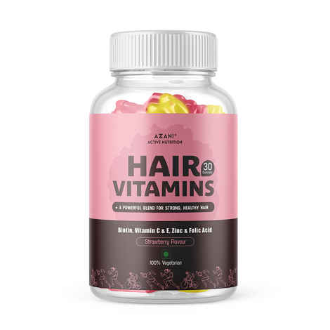 Azani Active Nutrition Biotin Hair Gummies with Zinc, Iodine, Vitamin A, B, C, D & E & Folic Acid | Hair Vitamins for Hair Growth | 30 Veg Gummies| Strawberry Flavour