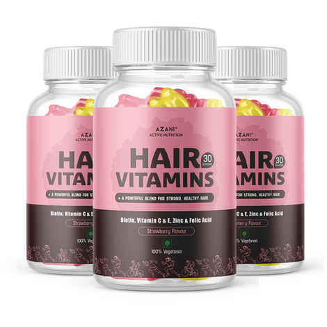 Azani Active Nutrition Biotin Hair Gummies with Zinc, Iodine, Vitamin A, B, C, D & E & Folic Acid | Hair Vitamins for Hair Growth | 90 Veg Gummies| Strawberry Flavour