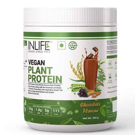 Buy INLIFE Vegan Plant Based Protein Powder 24g Protein (Pea & Brown Rice) 5g BCAA 1.8g Fiber with Ashwagandha Green Tea & Grape Seed Digestive Enzymes Bodybuilding Supplement Men Women (500g, Chocolate) - Purplle