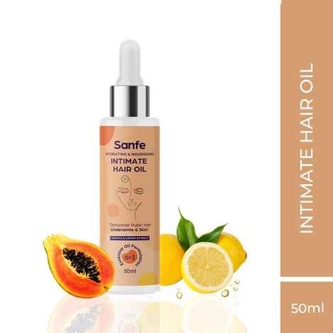 Sanfe Intimate Hair Oil for Women's Pubic Hair Ingrowns - 50ml with Papaya and lemon extracts | All natural ingredients | Dermatologically tested |Helps in reducing razor bumps & reducing hard hair growth | For Use in Pubic Hair