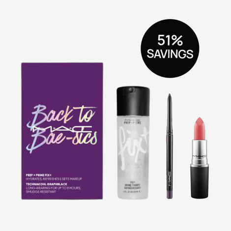 Buy M.A.C Back to Bae-Sics with Prep + Prime Fix, Kajal and full size Brick-O-La Lipstick - Purplle
