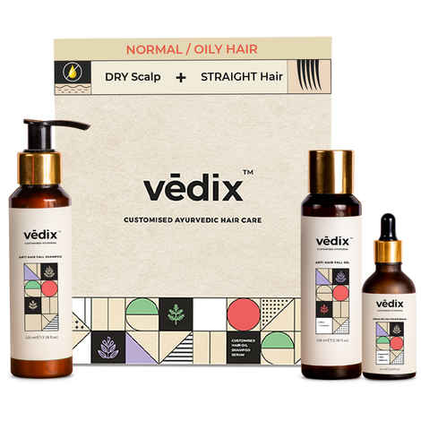Vedix Customized Hair Fall Control Regimen for Normal/Oily Hair - Dry Scalp & Straight Hair - 3 Product Ayurvedic Kit - Anti Hair Fall Oil Lotus + Licorice - Anti-Hairfall Shampoo -  Vithan Pro Hair Growth Serum
