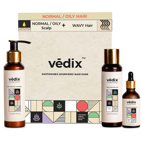 Buy Vedix Customized Hair Fall Control Regimen for Normal/Oily Hair - Normal-Oily Scalp & Wavy Hair - Customized Ayurvedic Hair Care Regimen - 3 Product Kit - Anti Hair Fall Oil Hibiscus + Eclipta - Anti-Hairfall Shampoo - Hair Growth Serum - Purplle