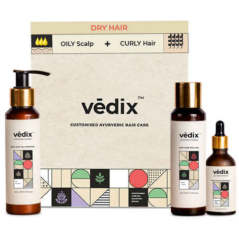 Vedix Customized Hair Fall Control Regimen for Dry Hair - Oily Scalp & Curly Hair - Customized Ayurvedic Hair Care Regimen - 3 Product Kit - Anti Hair Fall Oil Neem + Lotus + Anti-Hairfall Shampoo For Dry Hair + Vithan Pro Hair Growth Serum
