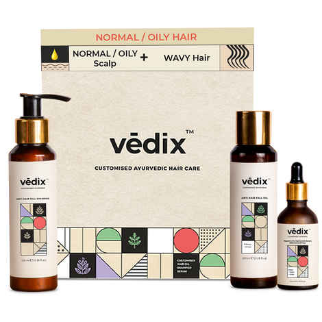 Buy Vedix Customized Hair Fall Control Regimen for Normal/Oily with Dandruff - Normal-Oily Scalp & Wavy Hair - 3 Product Ayurvedic Kit - Anti Hair Fall Oil Hibiscus + Eclipta - Anti-Hairfall Shampoo - Nuyantra Pro Hair Growth Serum x Dandruff Care - Purplle