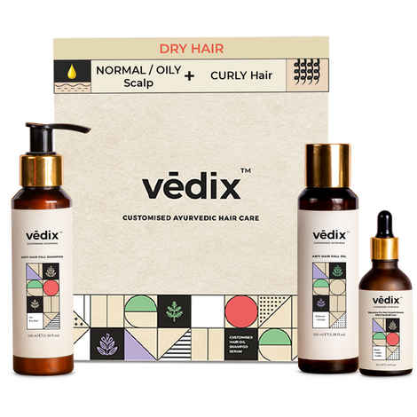 Buy Vedix Customized Hair Fall Control & Dandruff Care Regimen for Dry Hair-Normal-Oily Scalp & Curly Hair-3 Product Ayurvedic Kit-Anti Hair Fall Oil Hibiscus+Eclipta - Anti-Hairfall Shampoo For Dry Hair - Nuyantra Pro Hair Growth Serum x Dandruff Care - Purplle