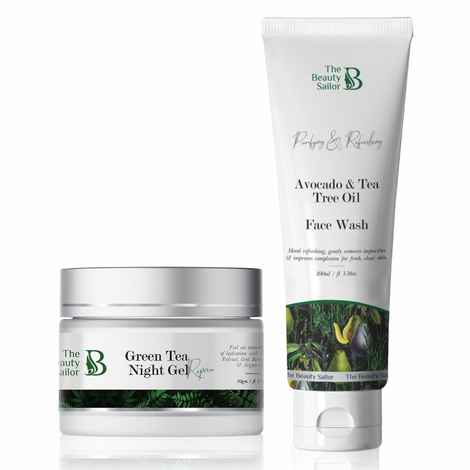The Beauty Sailor Skin Care Combo Green Tea Night Gel Cream - 50 Gm + Avocado and Tea Tree Oil Face Wash- 100 ML
