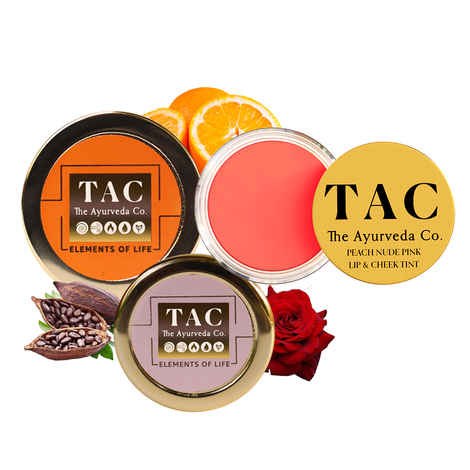 Buy TAC - The Ayurveda Co. Combo of Rose Lip Balm 5gm + Peach Lip & Cheek Tint 10gm + Vitamin C Lip Scrub 20gm for Lightening, Plumping & Brightening Dark, Dry and Chapped Lips - Purplle