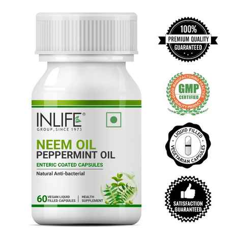 Buy INLIFE Neem Oil 350mg with Peppermint Oil 150mg for Digestive Health & Skin, Hair Care Supplement, Enteric Coated Capsules – 60 Liquid Filled Vegetarian Capsules - Purplle