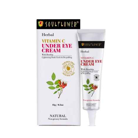 Soulflower Herbal Vitamin C Under Eye Cream with Rosehip- Lightening Dark Circle & De-puffing, Non-greasy Formula, 15g