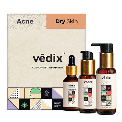 Vedix Customized Skin Care Kit For Dry Skin With Acne - 3 Product Kit  - Vedix Face Wash For Dry Skin (100ml) - Vedix Face Serum For Acne (20ml) - Vedix Moisturizing Face Cream For Dry Skin (40ml)