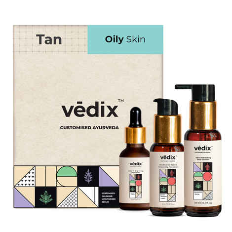 Buy Vedix Customized Skin Care Kit For Dry Skin With Tan - 3 Product Kit - Vedix Face Wash For Oily Skin (100ml) - Vedix Face Serum For Tan (20ml) - Vedix Moisturizing Face Lotion For Oily Skin (40ml) - Purplle