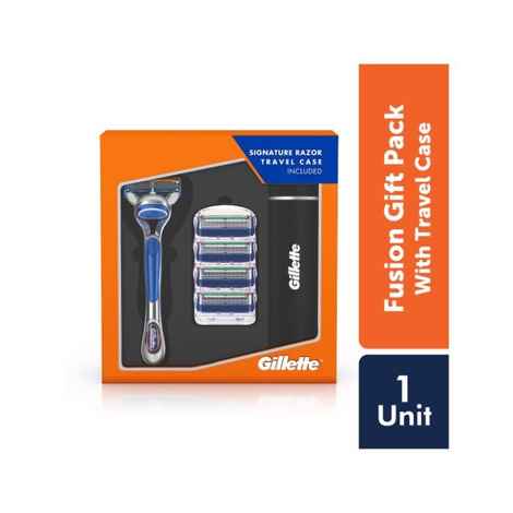 Buy Gillettte Fusion Razor + 4 Catridges + Travel Case Pack - Purplle