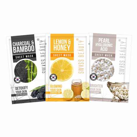 Buy Swiss Beauty Anti-Ageing Sheet Mask Pearl+Hyaluronic | Tan Removal Sheet Mask Lemon+Honey | Anti-Pollution Sheet Mask Charcoal+Bamboo | 22ml - Purplle
