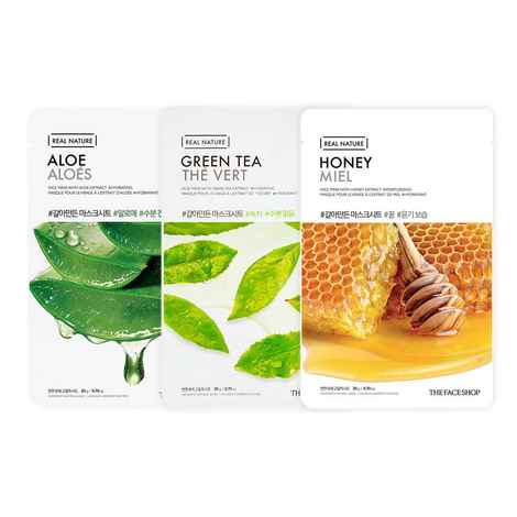 Buy The Face Shop Real Nature Sheet Mask, Aloe + Green Tea + Honey 20g (Pack of 3) - Purplle