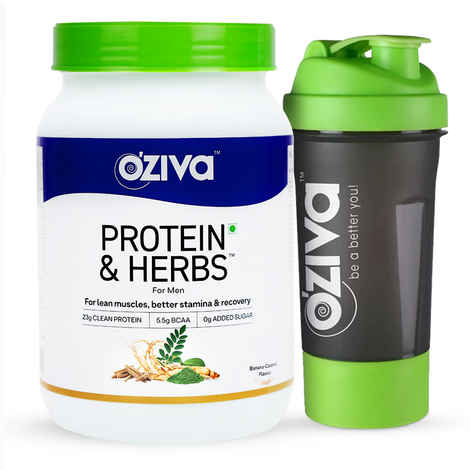 Buy OZiva Protein & Herbs, Men (23g Whey Protein, 5.5g BCAA & Ayurvedic herbs like Ashwagandha, Chlorella & Musli) for Better Stamina & Lean Muscles, Banana Caramel - Purplle