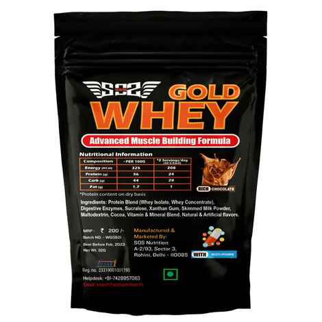 Buy SOS Nutrition Whey Protein GOLD Powder for Men |24g Protein/day | 5.5g BCAAs | Digestive Enzyme | Added Vitamins & Minerals - 1 Serving - Purplle