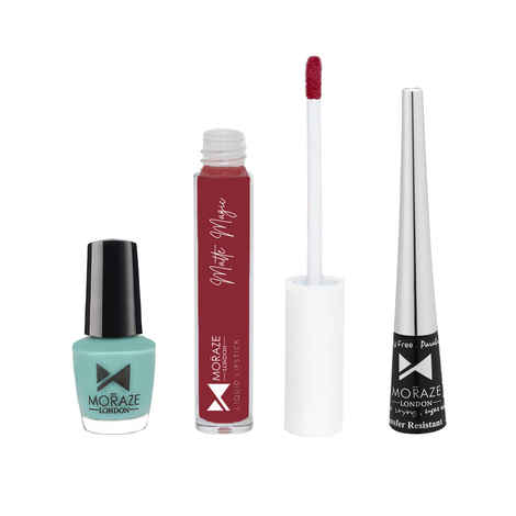Buy Moraze Combo Pack of Nail Polish (Aquamarine), Eyeliner, & Liquid Lipstick (No Regret) - Purplle