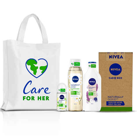 Buy NIVEA Naturally Good Combo, Lavender Body Lotion 200 ml, Orange Blossom & Oil Shower Gel 300 ml, Bio Aloe Vera Deodorant Roll On 50 ml, Canvas Tote Bag – in Eco-friendly CARE Box (4 Items in the set) - Purplle