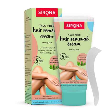 Sirona Talc-Free Hair Removal Cream with Spatula for Women - 50 gm | Suitable for oily Skin | With Green Tea, Tea Tree & Peppermint Oil | For Smooth Arms, Legs, Underarms & Bikini Line | Dermatologically Tested