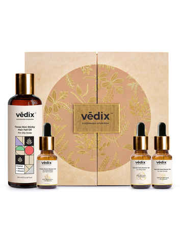 Buy Vedix Base+Booster Oil Combo For Hair Fall | Tavas For Oily Scalp | Customised Ayurvedic Hair Fall Oil | 4 Product Kit - 1 Base Oil + 3 Booster Oils (Amla, Bhringraj, Brahmi) - Purplle