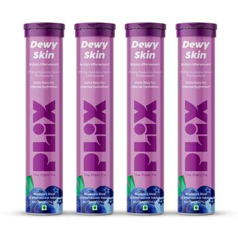 Buy PLIX Hyaluronic Acid + Superfoods 15 Effervescent Tablets For Skin Hydration, Fine Lines/Wrinkes & Skin Elasticity, Pack of 4 (Blueberry) - Purplle