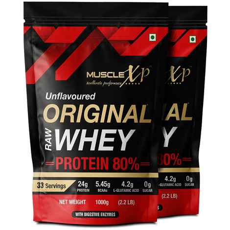 Buy MuscleXP Raw Whey Protein Concentrate 80% Powder With Digestive Enzymes, Unflavored, 1Kg (2.2lb) x Pack Of 2 - Purplle