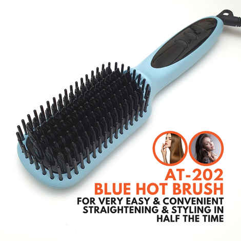 Alan Truman AT-202 Blue Hot brush | Hair Straightener Brush For Frizz Free Straight Hair| One Year International Warranty|Even Heating, Quick Styling Without Heat Damage| Digital Temperature Control With LCD Display