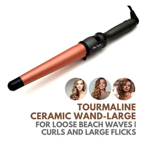 Alan Truman Tourmaline Ceramic Wand - Large | Bouncy Beach Waves| Minimum Heat Exposure| Ceramic Coated Barrel Ensures Damage Free Waves|Real Professional Temperature Range| Frizz Free, Smooth And Glossy Waves| Extra Long Curling Rod