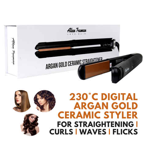 Alan Truman Professional Argan Oil Infused Gold Ceramic Straightener | Straightener Plates Infused With The Goodness Of Argan Oil| Professional Salon Grade Mirror Titanium Coating| Full Digital Temperature Control