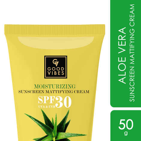 Buy Good Vibes Aloe Vera Moisturizing Sunscreen Mattifying Cream SPF 30 | Anti-oxidant, Calming | Vegan, No Parabens, No Mineral Oil, No Silicones, No Animal Testing (50 g) - Purplle