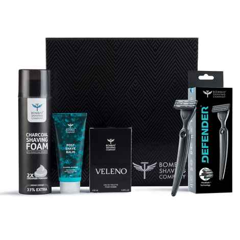 Buy Bombay Shaving Company Shave & Dazzle Kit for Men | Post-shave Balm, Charcoal Shaving Foam, Veleno Perfume, Dexter Razor (Set of 4) 400 gm - Purplle
