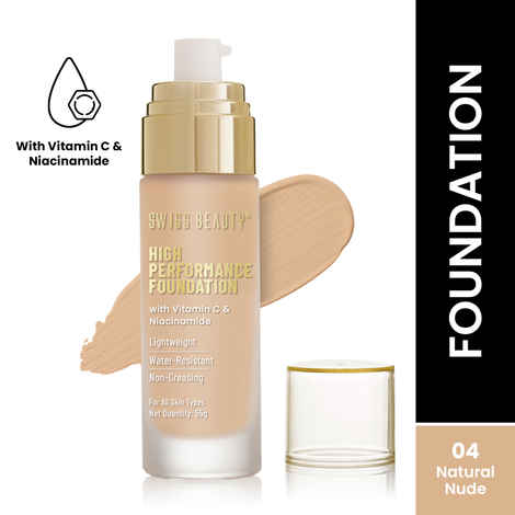 Swiss Beauty High Performance Foundation | Water-Resistant | Medium to Buildable Coverage | Lightweight | Easy to Blend | With Vitamin C & Niacinamide|Natural-Nude 55 gm
