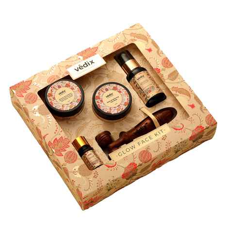 Vedix Festive Glow Face Kit | Beauty Kit Gift for Women & Men | 5 in 1 Gifting Kit | Face Oil For Glowing Skin | Face Scrub | Clay Mask For Face | Skin Toner | Face Massage Roller