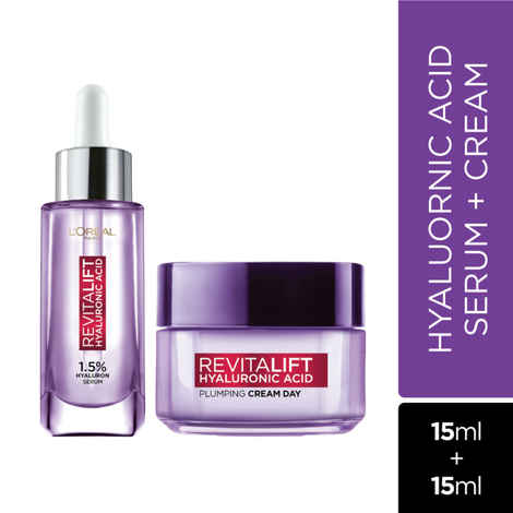Buy L'Oreal Paris Revitalift Hyaluronic Acid Skincare Routine: Hyaluronic Acid Serum, 15ml + Hyaluronic Acid Plumping Day Cream, 15gm | Hydrated, Plump Skin Combo - Purplle