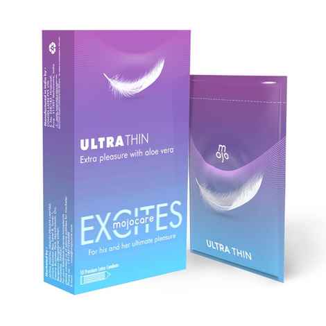 Mojocare Excites Ultra Thin Condoms - Unflavoured - 10pc | Latex Condoms With Aloe Vera