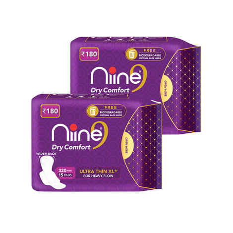 Buy NIINE Dry Comfort Ultra Thin XL+ Sanitary Napkins for HEAVY FLOW, With Biodegradable disposable bags inside (Pack of 2), 30 Pads Count - Purplle