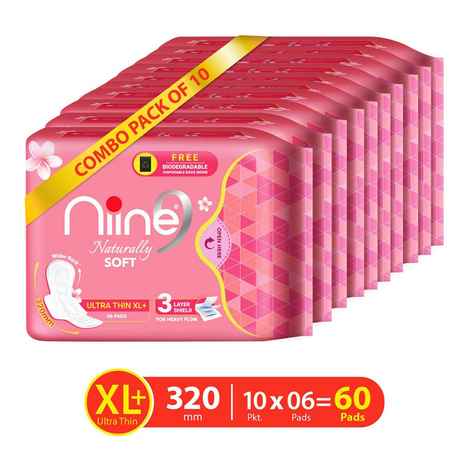 Buy NIINE Naturally Soft Ultra Thin XL+, Sanitary Napkins for HEAVY FLOW with Free Disposal Bags Inside (Pack of 10), 60 Pads Count - Purplle