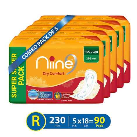 Niine Dry Comfort Regular SUPER SAVER PACK Sanitary Napkins for women, (Pack of 5), 90 Pads Count