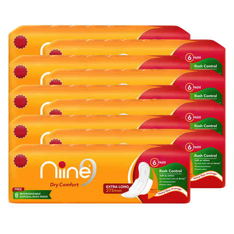 Buy NIINE Dry Comfort Extra Long Sanitary Pads for women with Free Biodegradable Disposable Bags (Pack of 9), 54 Pads Count Sanitary Pad - Purplle