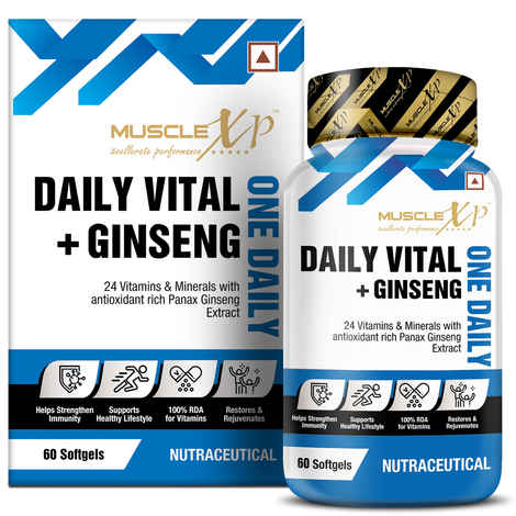 Buy MuscleXP One Daily Vital + Ginseng Multivitamin with 24 Vitamins & Minerals + Panax Ginseng for Men & Women, 60 Softgels - Purplle